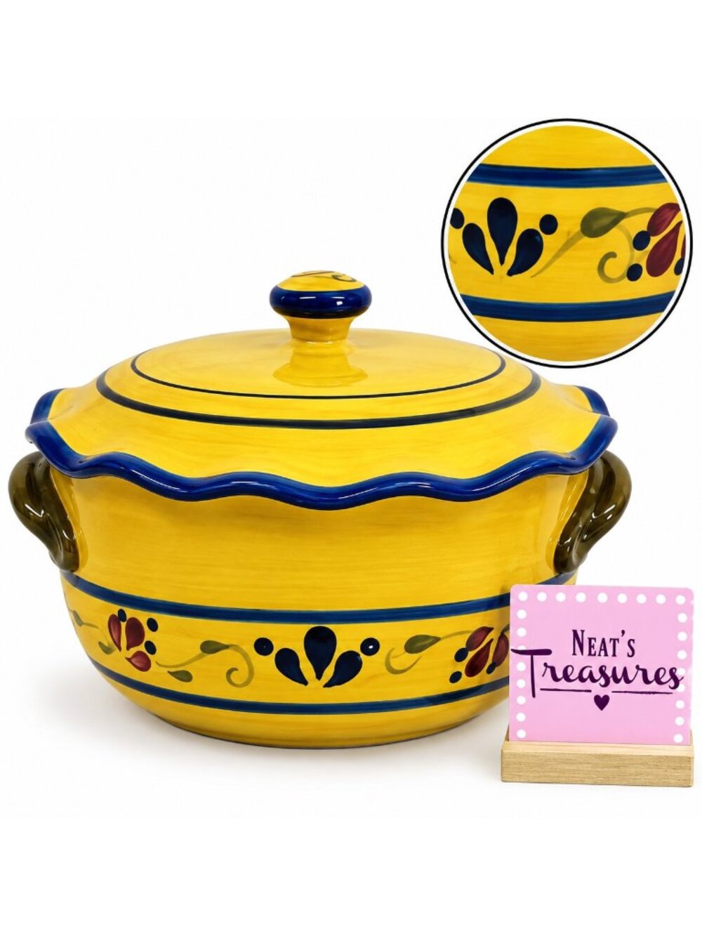 Home & Garden Party WELCOME HOME 2005 Stoneware Floral Large Oval Bean Pot W Lid